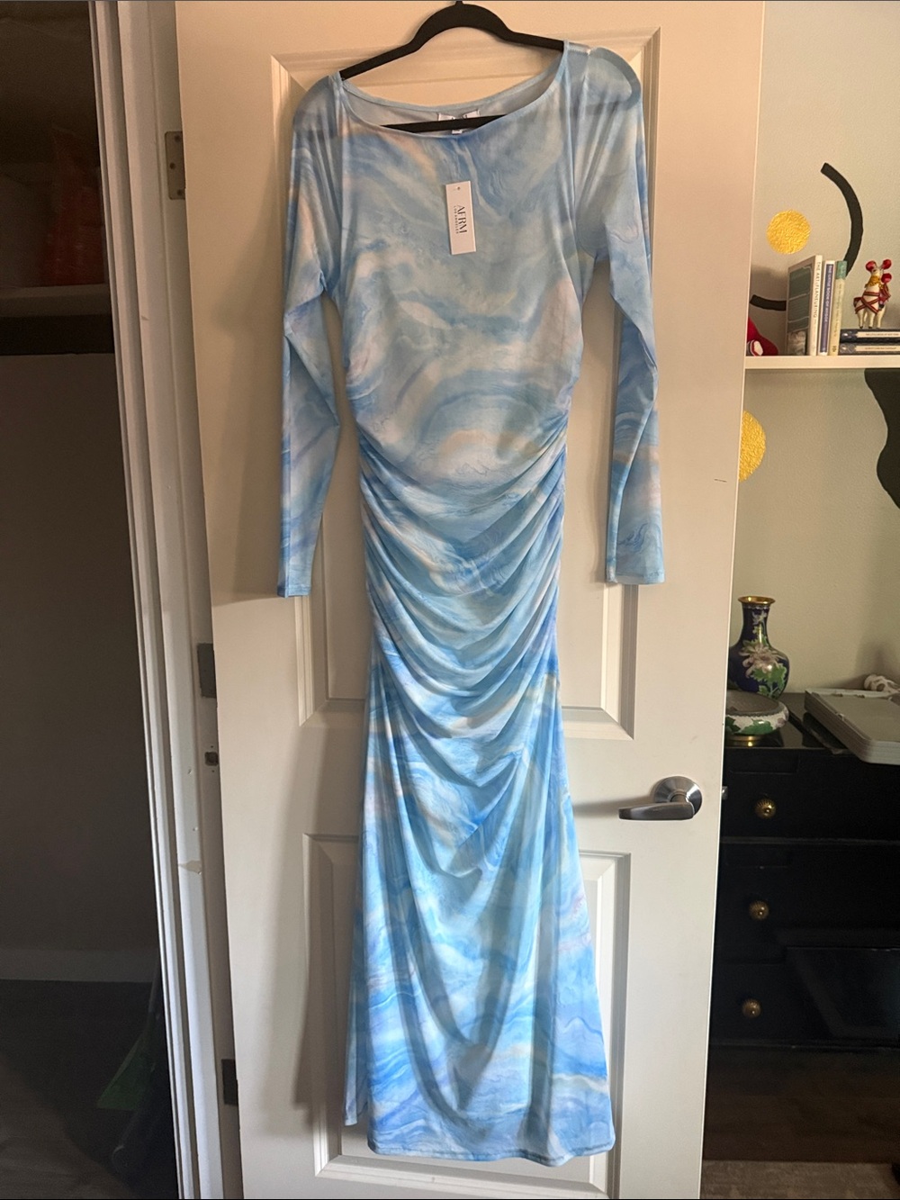 AFRM - NWTS Light Blue Marble Long Sleeve Ruched Maxi Dress